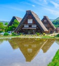 Beautiful spring time traditional Gassho Zukuri Style house with water reflection in Shirakawa-go village