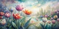 Beautiful Spring Tulips Painted in Watercolor, Watercolor Tulips, Spring Flowers Background Royalty Free Stock Photo
