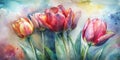 Beautiful Spring Tulips Painted in Watercolor, Watercolor Tulips, Spring Flowers Background