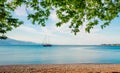 Beautiful spring view of the Nafpaktos shore. Fantastic morning scene of the Gulf of Corinth, Greece, Europe. Traveling concept