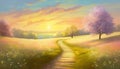 Beautiful springtime illustration in pastel colors. Footpath across a spring meadow with blooming trees. Picturesque countryside