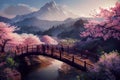 Beautiful springtime landscape with colorful bloom and mountainous landscape, AI Generated image