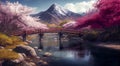 Beautiful springtime landscape with colorful bloom and mountainous landscape, AI Generated