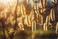 Beautiful springtime nature background from blooming willow branches with fluffy catkins in sunlight. Generative AI