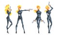 Beautiful Spy Blonde Girl in Black Leather Clothes with Gun Set, Female Secret Agent Vector Illustration