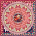Beautiful square blanket, rug or tea box template in ethnic style with mandala flower, funny peacock and paisley border in vector