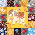 Beautiful square card with cute cartoon indian elephant in patchwork style. Napkin, cushion, fragment of blanket. Ethnic motives. Royalty Free Stock Photo