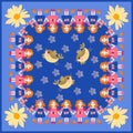 Beautiful square card with cute little girls, flowers and birds. Print for napkin, pillowcase. Pretty design for children