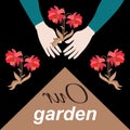 A beautiful square card with the hands of a gardener planting red flowers and the text `Our garden`