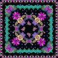 Beautiful square ornamental pattern with flowers, paisley and butterflies. Print for bandana, scarf, shawl, kerchief.