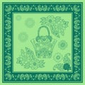 Beautiful square pattern with bag and flowers in frame with paisley ornament. Print for napkin, pillowcase