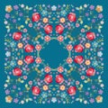 Beautiful square pattern design with embroidered flowers. Bandana print, shawl or scarf with floral motifs