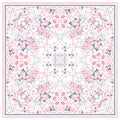 Beautiful square pattern for shawl with tender pink flowers on white background. Vector illustration