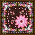 Beautiful square shawl in folk style with mandala flower, floral garland and golden frame. Indian , russian motives.