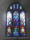 Stained glass window of a country church in Cornwall England