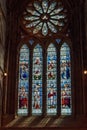 Beautiful stained glass windows in the 12th century Gothic cathedral of St Magnus in Kirkwall, Orkney, UK Royalty Free Stock Photo