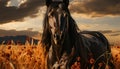 Beautiful stallion grazing in a meadow at sunset generated by AI