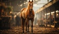 Beautiful stallion grazing in a rural meadow at sunset generated by AI