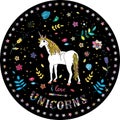 Beautiful standing unicorn with floral elements inside black round with stars, magic wand and quote. Cute standing unicorn Vector Royalty Free Stock Photo