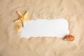 Beautiful starfish, sea shells and blank card on , flat lay. Space for text Royalty Free Stock Photo