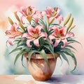 Beautiful stargazer lilies in clay pot