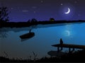 Beautiful starry night, nature landscape of lake with moon, fisherman and cat,background of house,cloud and trees Royalty Free Stock Photo