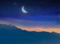Beautiful starry sky big moon Foggy mountains on sunset orange evening starry blue night sky big bright moon Olympus mount Panor