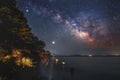 Beautiful starry sky with bright milky way galaxy over the lake. Night landscape . Royalty Free Stock Photo