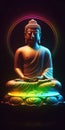 beautiful statue of buddha with rgb halo ring behind him generative AI