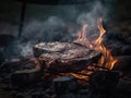 A beautiful steak being cooked to perfection over an open flame in the great outdoors. The flames lick up the sides of the grill