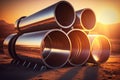 beautiful steel pipes on background of sunset lit by sun industrial modern 4.0