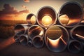 beautiful steel pipes on background of sunset lit by sun industrial modern 4.0