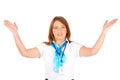 Beautiful or stewardess presenting safety instr Royalty Free Stock Photo