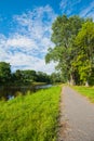 Beautiful still lake with trees on the horizon and white puffy clouds in the sky. Peaceful summer day at the cottage. Large green Royalty Free Stock Photo