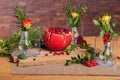 Beautiful still life of flowers, fruit and candles