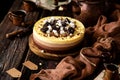 Beautiful still life with homemade delicious three chocolates cheese cake on wooden stand on rustic table