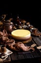 Beautiful still life with homemade delicious three chocolates cheese cake on wooden stand on rustic table