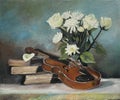 Beautiful still life oil painting showcasing a violin, a vase of flowers and books