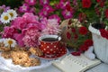 Beautiful still life with peony flowers, vintage cup and cookies on the table. Royalty Free Stock Photo