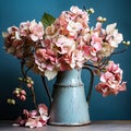 Beautiful still life with a rustic style bouquet of pink flowers. Royalty Free Stock Photo
