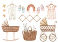 Beautiful stock baby illustration with very cute hand drawn watercolor boys wardrobe rompers and basket of toys.