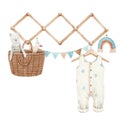 Beautiful stock baby illustration with very cute hand drawn watercolor boys wardrobe rompers and basket of toys.