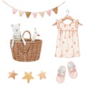 Beautiful stock baby illustration with very cute hand drawn watercolor girls wardrobe dress and basket of toys.