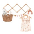 Beautiful stock baby illustration with very cute hand drawn watercolor girls wardrobe dress and basket of toys.