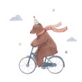 Beautiful stock baby illustration with very cute hand drawn watercolor bear on bike with birthday cap and red scarf.