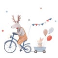 Beautiful stock baby illustration with very cute hand drawn watercolor deer on bike with rabbit in carriage and air