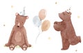 Beautiful stock illustration with cute watercolor hand drawn bear family. Birthday party.