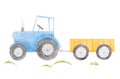 Beautiful stock illustration with cute watercolor blue farm tractor. Royalty Free Stock Photo