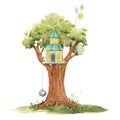 Beautiful stock illustration with cute watercolor tree house for children.