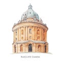 Beautiful stock illustration with hand drawn watercolor old building. Historical site Oxford Radcliffe camera. Royalty Free Stock Photo